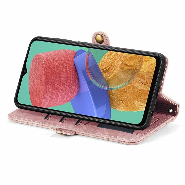 For Samsung Galaxy M33 Geometric Zipper Wallet Side Buckle Leather Phone Case