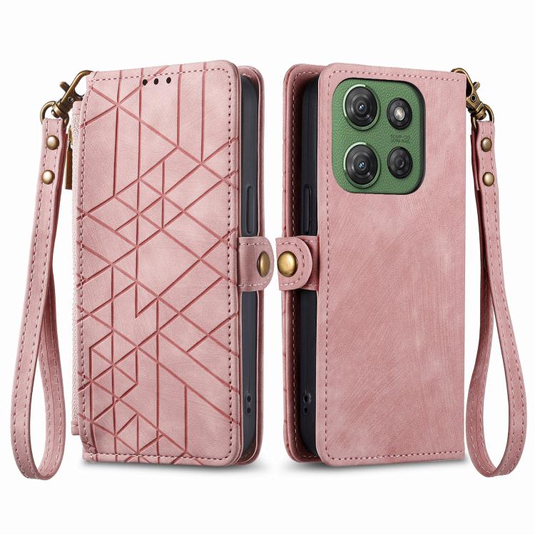 For Motorola Moto G Power 2025 Geometric Zipper Wallet Side Buckle Leather Phone Case