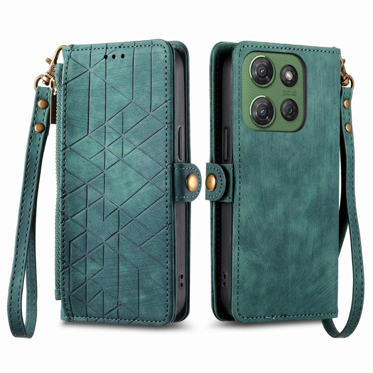 For Motorola Moto G Power 2025 Geometric Zipper Wallet Side Buckle Leather Phone Case