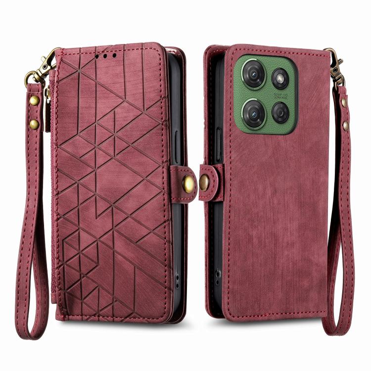 For Motorola Moto G Power 2025 Geometric Zipper Wallet Side Buckle Leather Phone Case