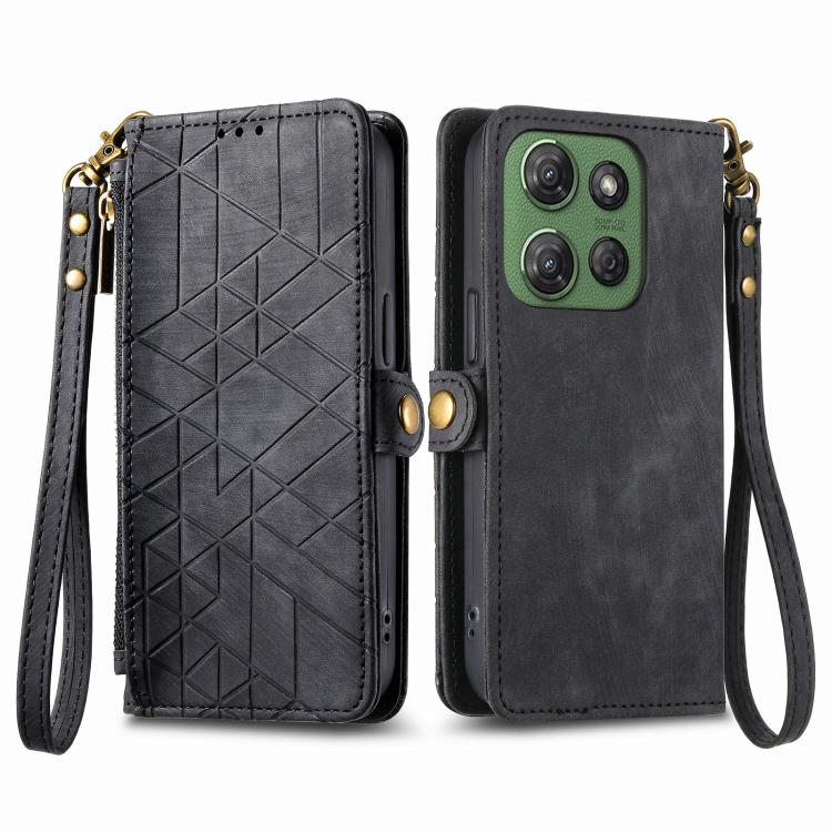 For Motorola Moto G Power 2025 Geometric Zipper Wallet Side Buckle Leather Phone Case