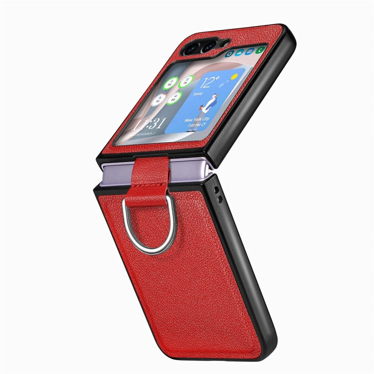 For Samsung Galaxy Z Flip6 / Flip7 FE JUNSUNMAY Litchi Leather Skin PC Folding Phone Case with Phone Ring