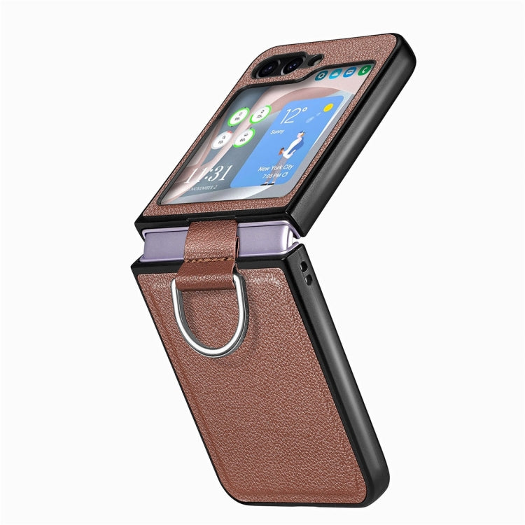 For Samsung Galaxy Z Flip6 / Flip7 FE JUNSUNMAY Litchi Leather Skin PC Folding Phone Case with Phone Ring