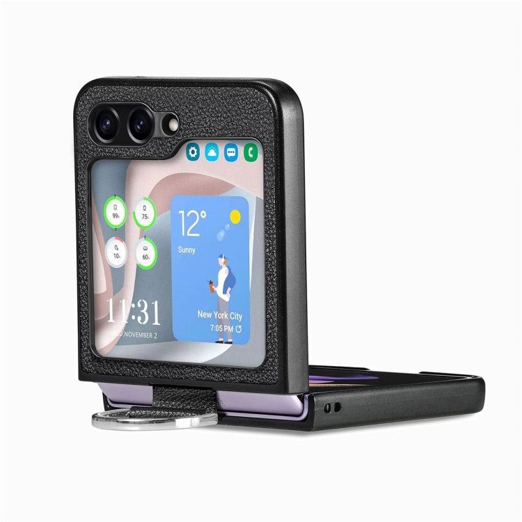 For Samsung Galaxy Z Flip6 / Flip7 FE JUNSUNMAY Litchi Leather Skin PC Folding Phone Case with Phone Ring