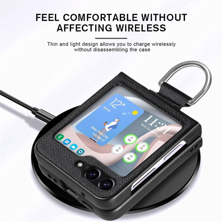 For Samsung Galaxy Z Flip6 / Flip7 FE JUNSUNMAY Litchi Leather Skin PC Folding Phone Case with Phone Ring
