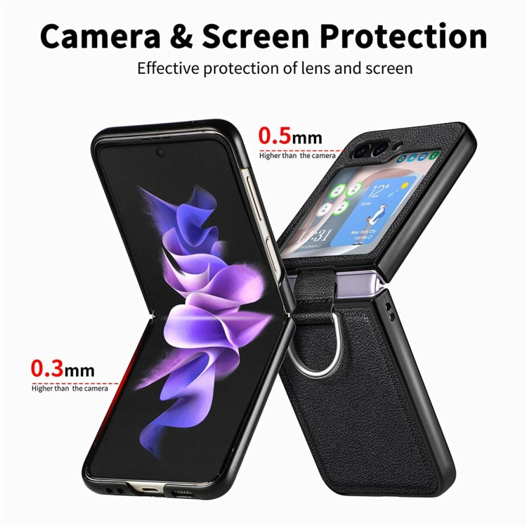 For Samsung Galaxy Z Flip6 / Flip7 FE JUNSUNMAY Litchi Leather Skin PC Folding Phone Case with Phone Ring