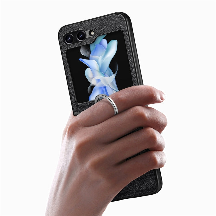 For Samsung Galaxy Z Flip6 / Flip7 FE JUNSUNMAY Litchi Leather Skin PC Folding Phone Case with Phone Ring