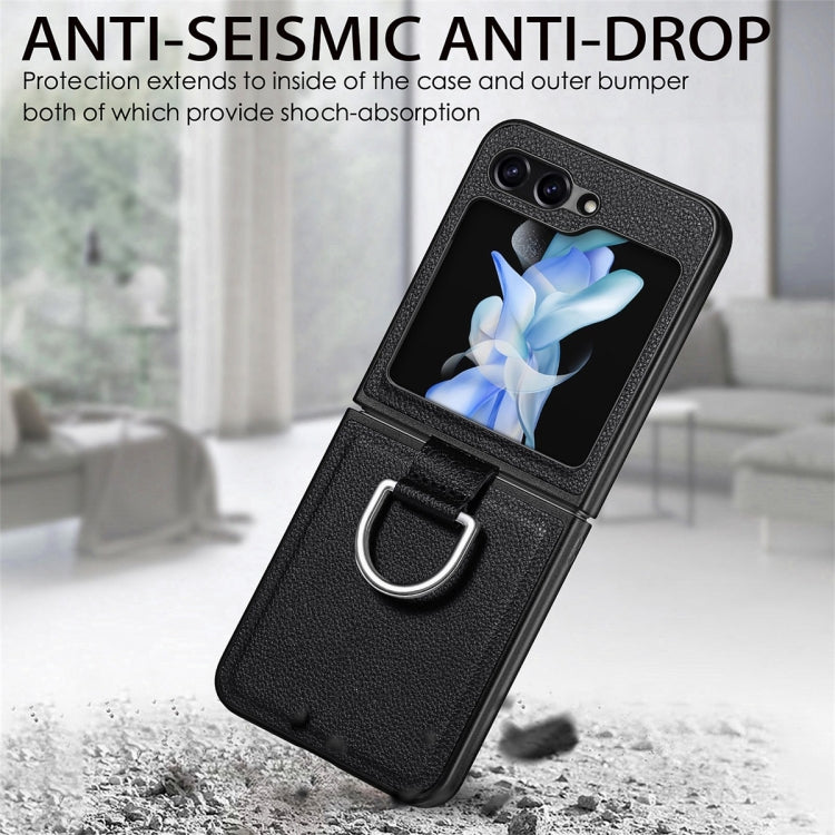 For Samsung Galaxy Z Flip6 / Flip7 FE JUNSUNMAY Litchi Leather Skin PC Folding Phone Case with Phone Ring