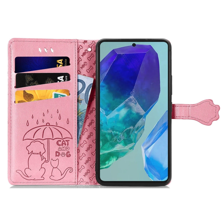 For Samsung Galaxy A16 Cat and Dog Embossed Leather Phone Case