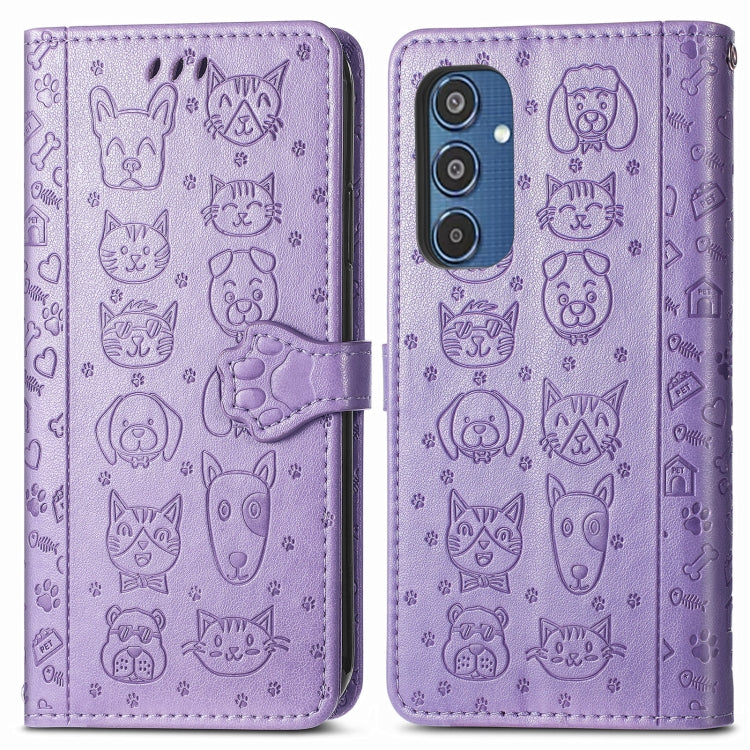 For Samsung Galaxy M35 Cat and Dog Embossed Leather Phone Case