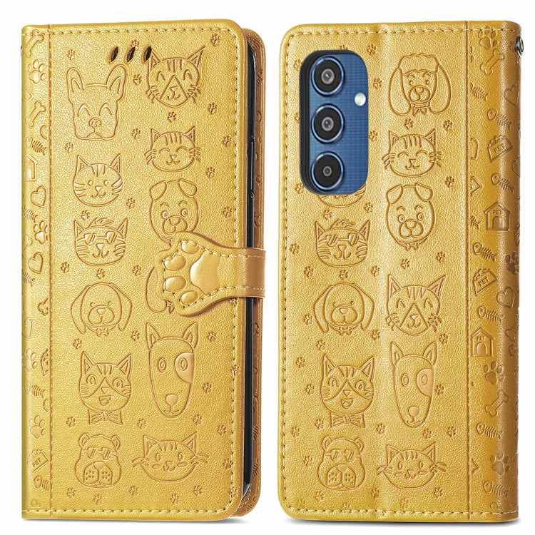 For Samsung Galaxy M35 Cat and Dog Embossed Leather Phone Case