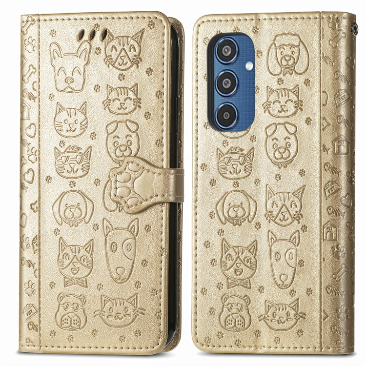 For Samsung Galaxy M35 Cat and Dog Embossed Leather Phone Case