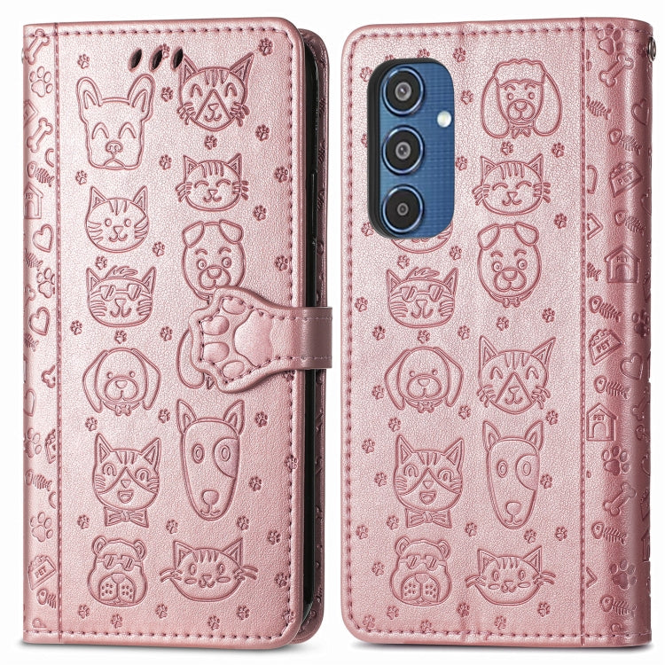 For Samsung Galaxy M35 Cat and Dog Embossed Leather Phone Case