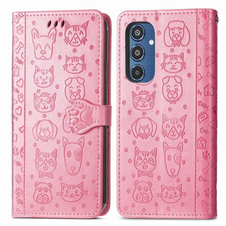 For Samsung Galaxy M35 Cat and Dog Embossed Leather Phone Case