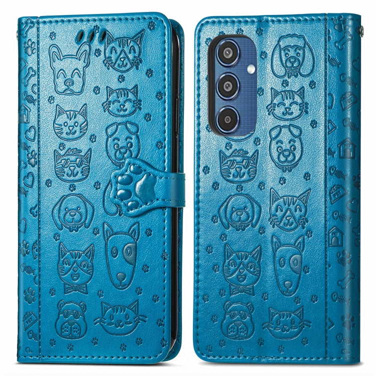 For Samsung Galaxy M35 Cat and Dog Embossed Leather Phone Case