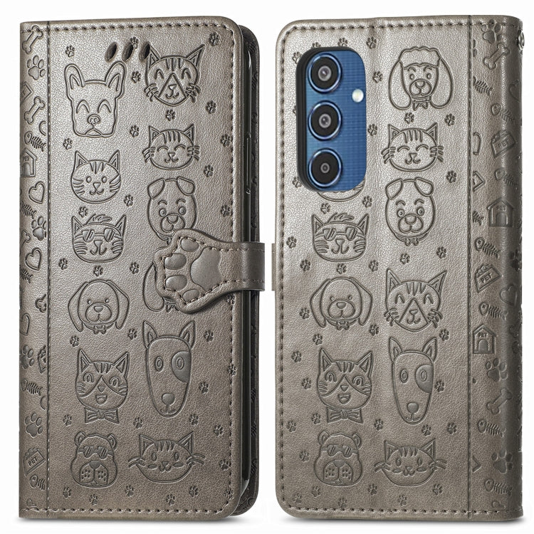 For Samsung Galaxy M35 Cat and Dog Embossed Leather Phone Case