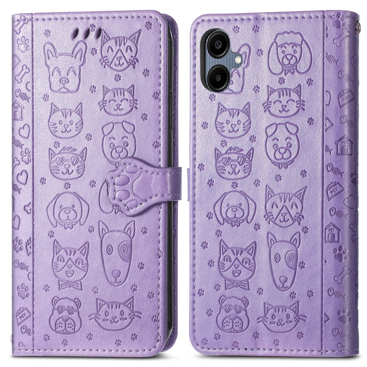 For Samsung Galaxy A06 Cat and Dog Embossed Leather Phone Case