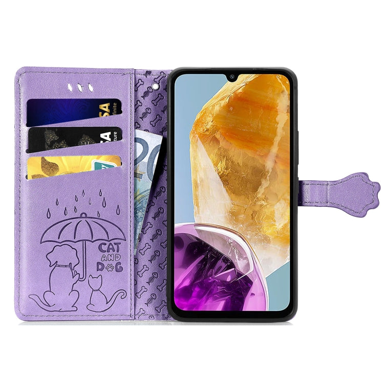 For Samsung Galaxy A06 Cat and Dog Embossed Leather Phone Case