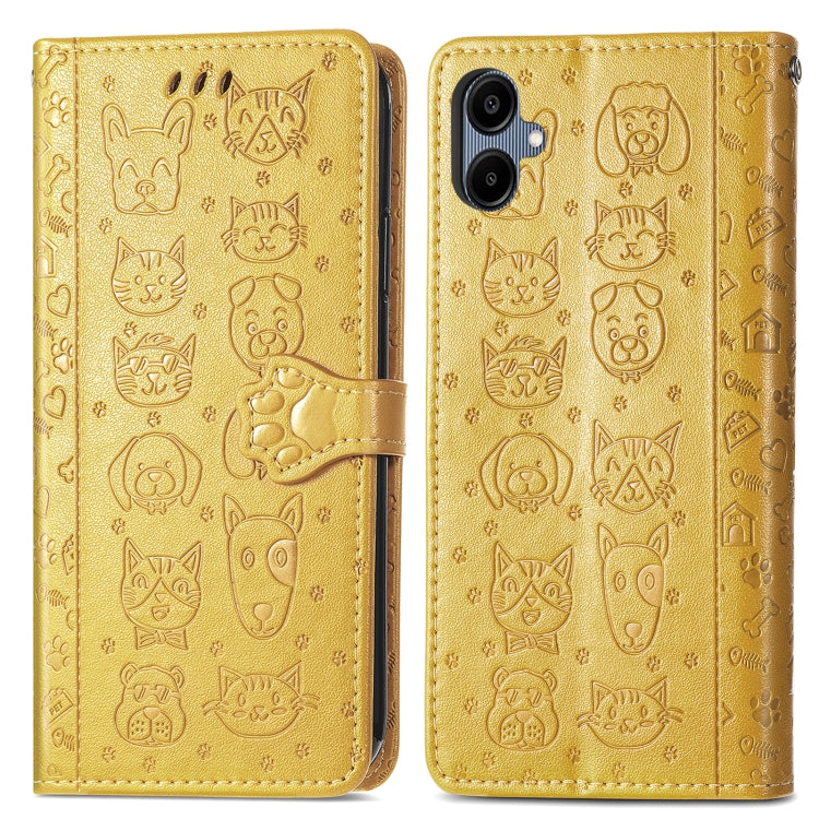 For Samsung Galaxy A06 Cat and Dog Embossed Leather Phone Case