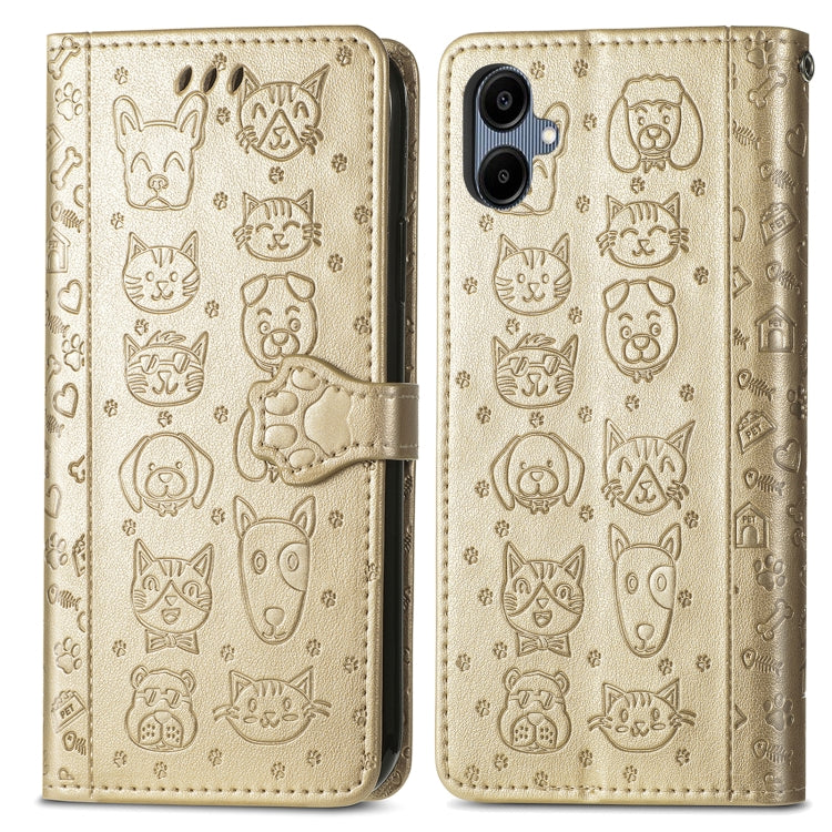 For Samsung Galaxy A06 Cat and Dog Embossed Leather Phone Case