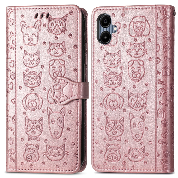 For Samsung Galaxy A06 Cat and Dog Embossed Leather Phone Case