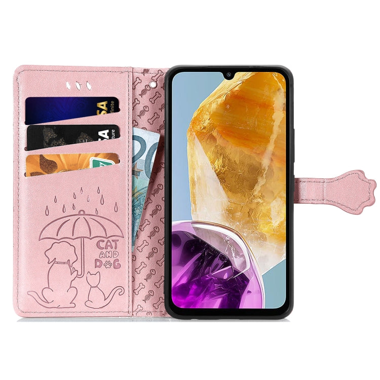 For Samsung Galaxy A06 Cat and Dog Embossed Leather Phone Case