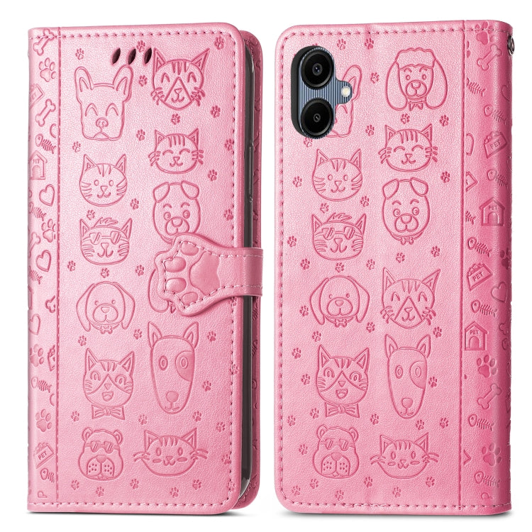 For Samsung Galaxy A06 Cat and Dog Embossed Leather Phone Case
