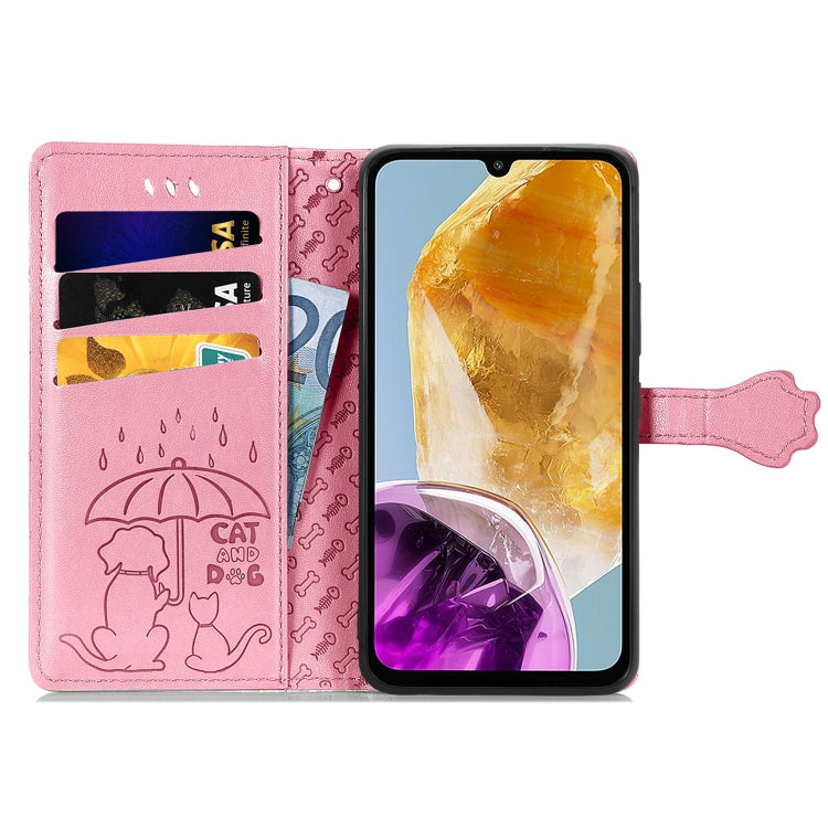 For Samsung Galaxy A06 Cat and Dog Embossed Leather Phone Case
