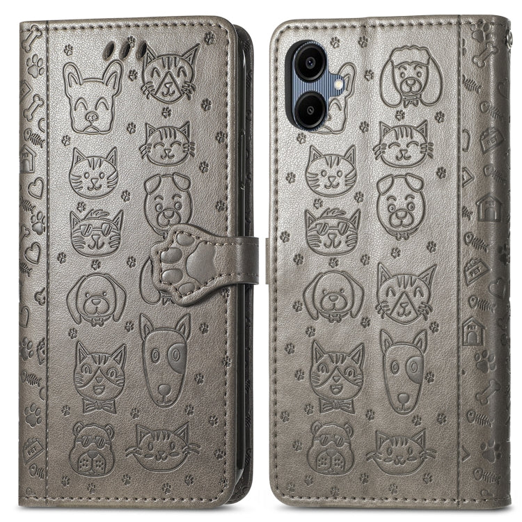 For Samsung Galaxy A06 Cat and Dog Embossed Leather Phone Case