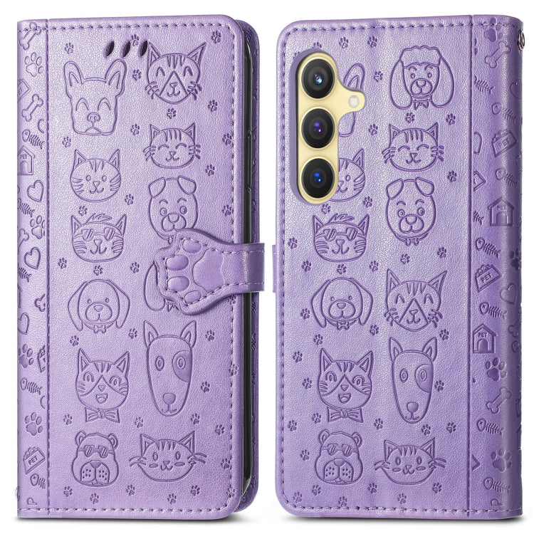 For Samsung Galaxy S25 5G Cat and Dog Embossed Leather Phone Case