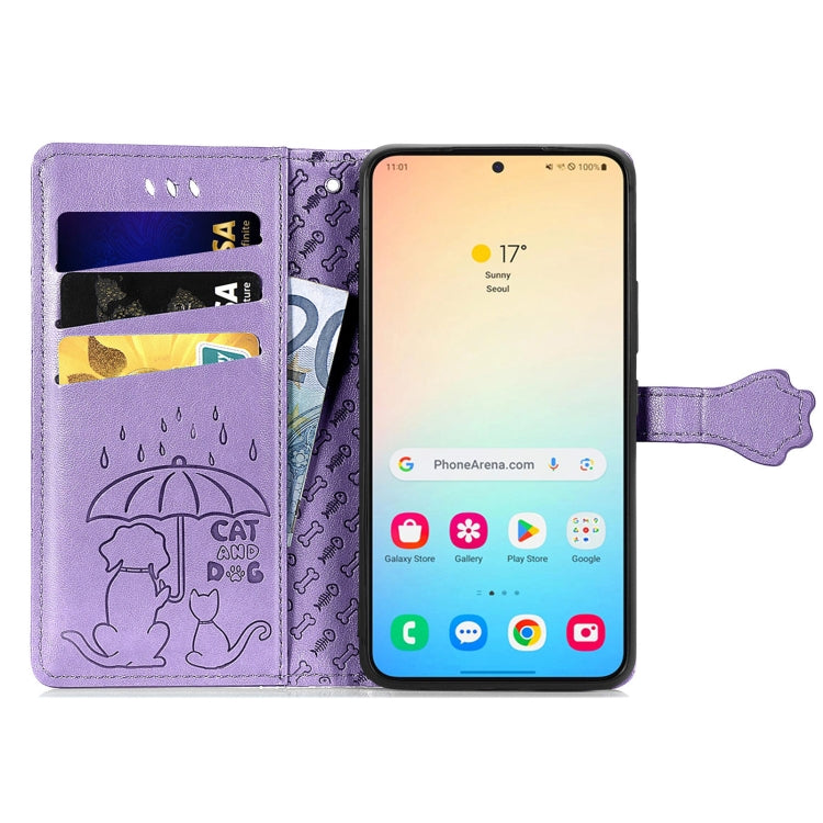 For Samsung Galaxy S25 5G Cat and Dog Embossed Leather Phone Case