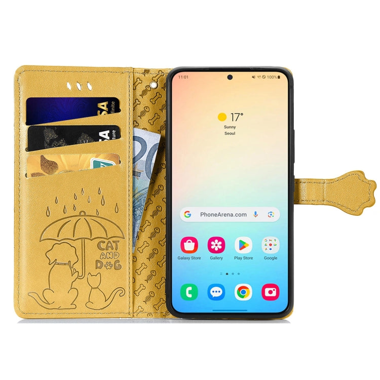 For Samsung Galaxy S25 5G Cat and Dog Embossed Leather Phone Case