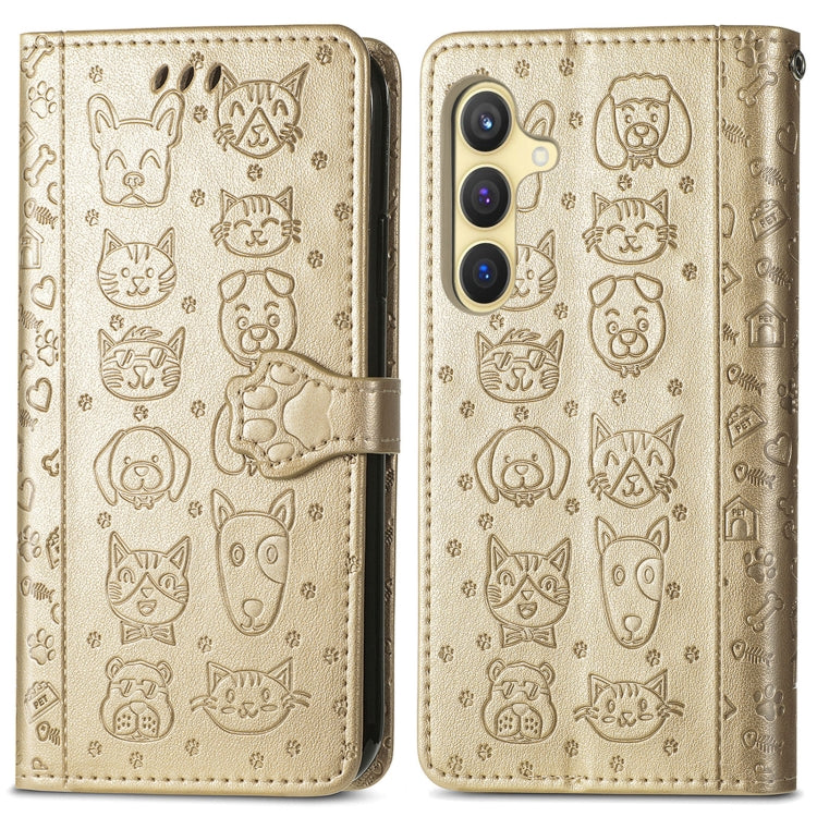 For Samsung Galaxy S25 5G Cat and Dog Embossed Leather Phone Case