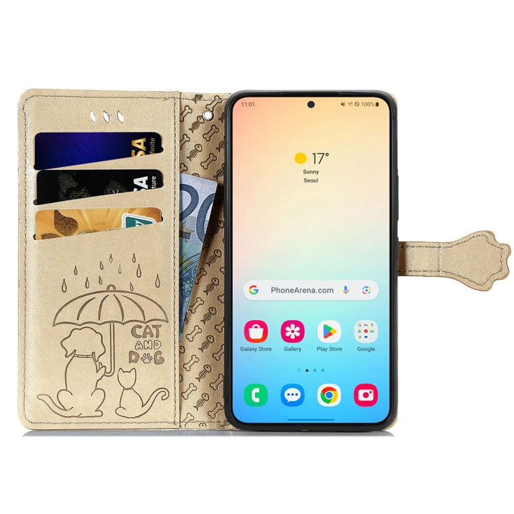 For Samsung Galaxy S25 5G Cat and Dog Embossed Leather Phone Case