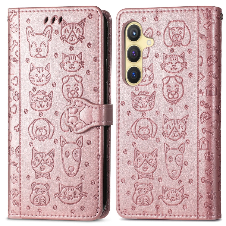 For Samsung Galaxy S25 5G Cat and Dog Embossed Leather Phone Case