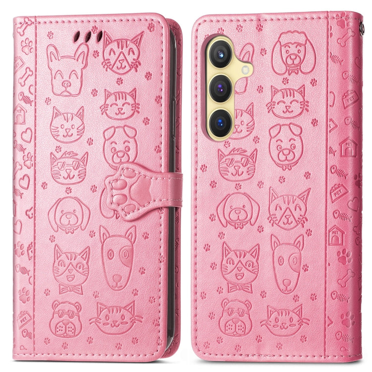 For Samsung Galaxy S25 5G Cat and Dog Embossed Leather Phone Case