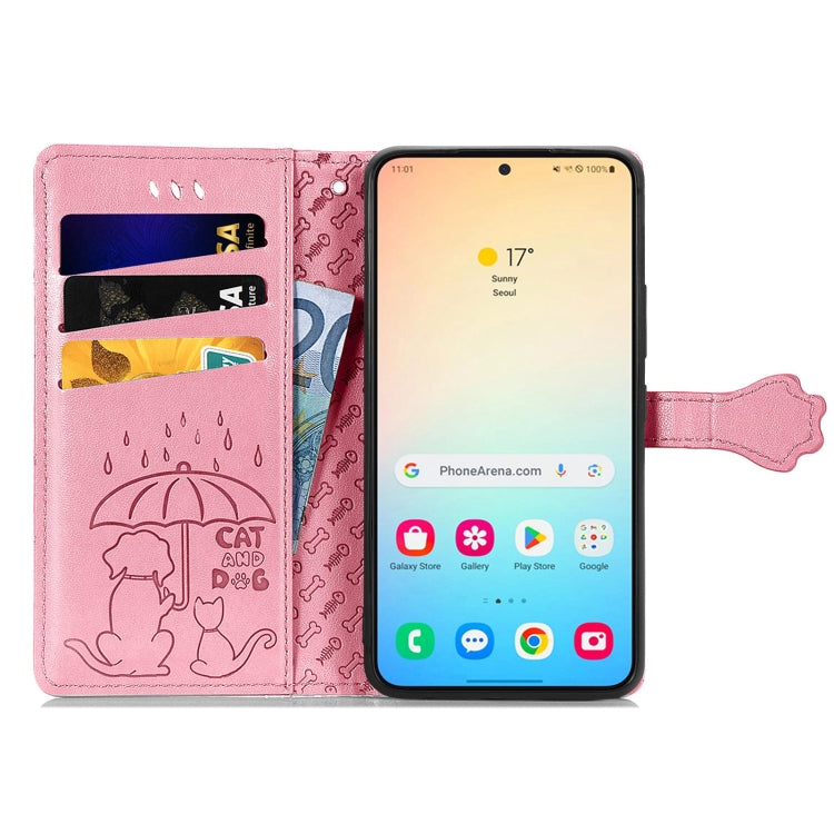 For Samsung Galaxy S25 5G Cat and Dog Embossed Leather Phone Case