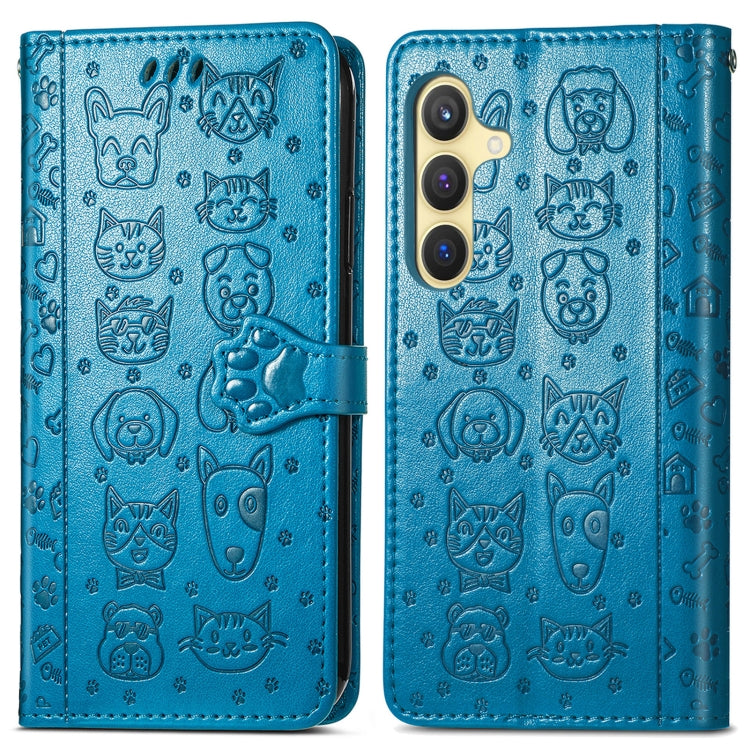 For Samsung Galaxy S25 5G Cat and Dog Embossed Leather Phone Case