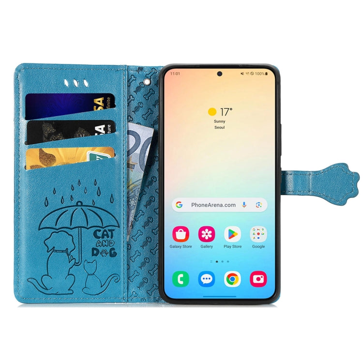 For Samsung Galaxy S25 5G Cat and Dog Embossed Leather Phone Case