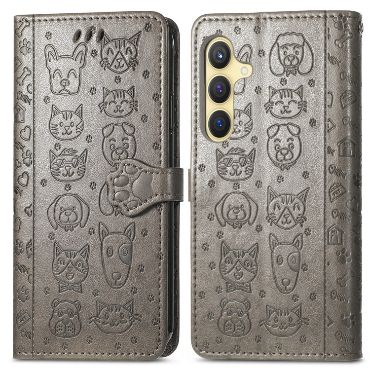 For Samsung Galaxy S25 5G Cat and Dog Embossed Leather Phone Case