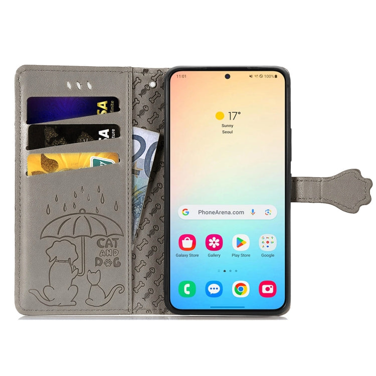 For Samsung Galaxy S25 5G Cat and Dog Embossed Leather Phone Case