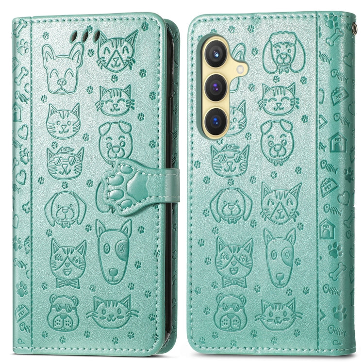 For Samsung Galaxy S25 5G Cat and Dog Embossed Leather Phone Case