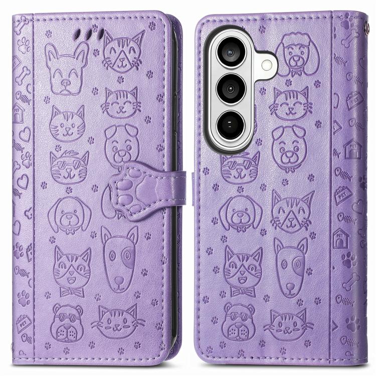 For Samsung Galaxy S26 Ultra 5G Cat and Dog Embossed Leather Phone Case