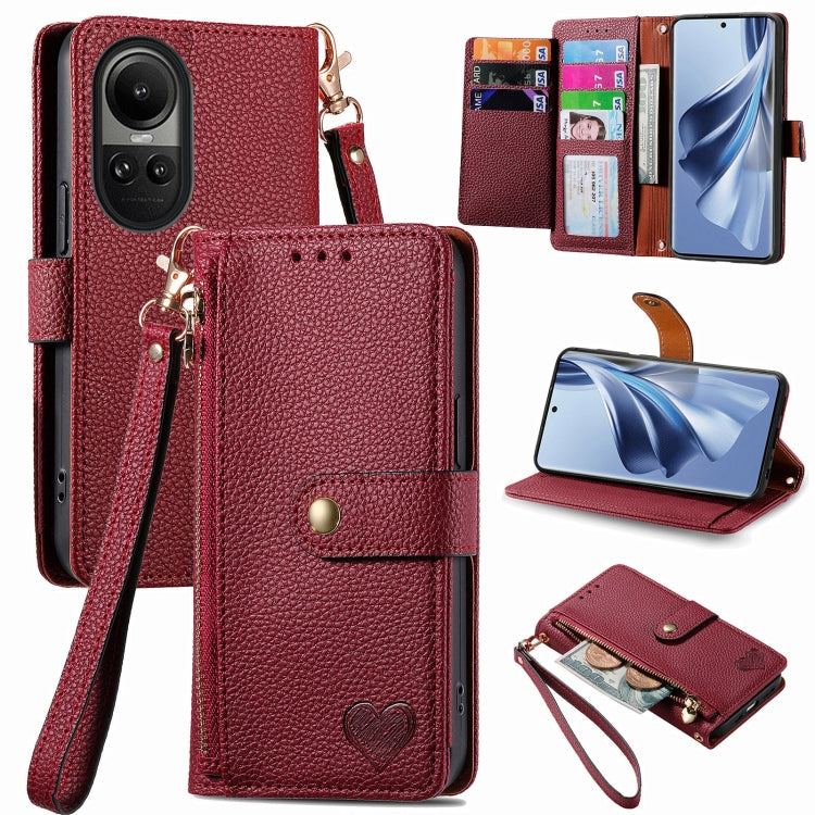 For OPPO Reno10 / 10 Pro Global Love Zipper Lanyard Leather Phone Case