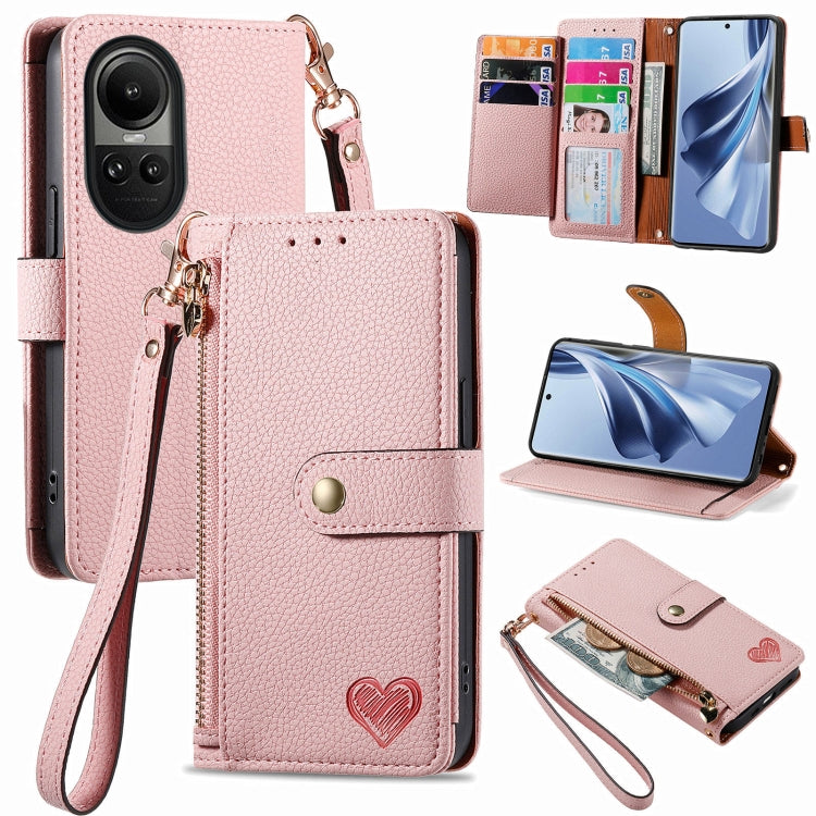 For OPPO Reno10 / 10 Pro Global Love Zipper Lanyard Leather Phone Case