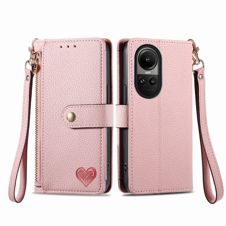 For OPPO Reno10 / 10 Pro Global Love Zipper Lanyard Leather Phone Case