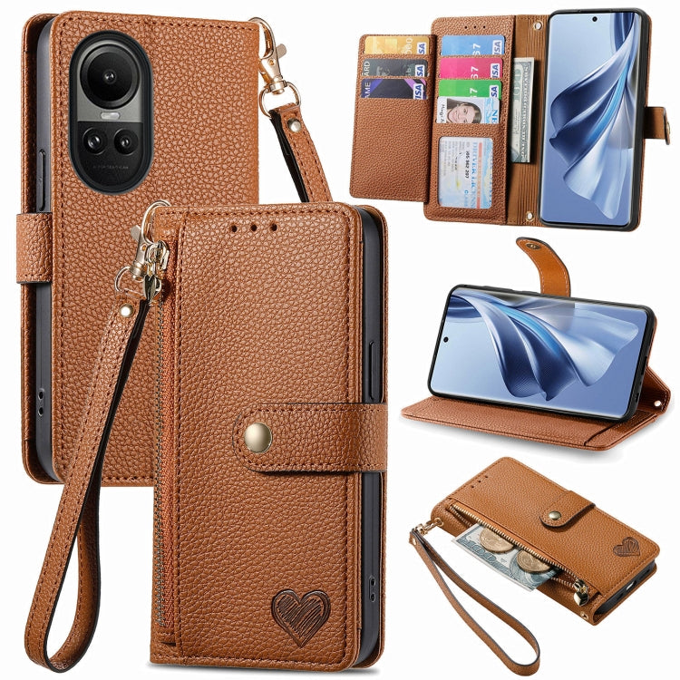 For OPPO Reno10 / 10 Pro Global Love Zipper Lanyard Leather Phone Case