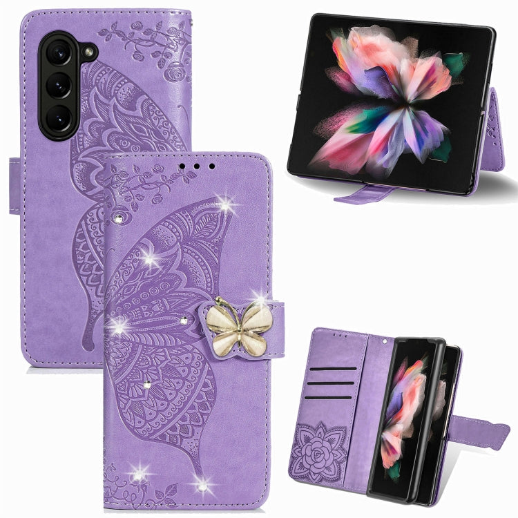 For  Samsung Galaxy Z Fold5  5G Rhinestones Butterfly Love Flower Embossed Leather Phone Case