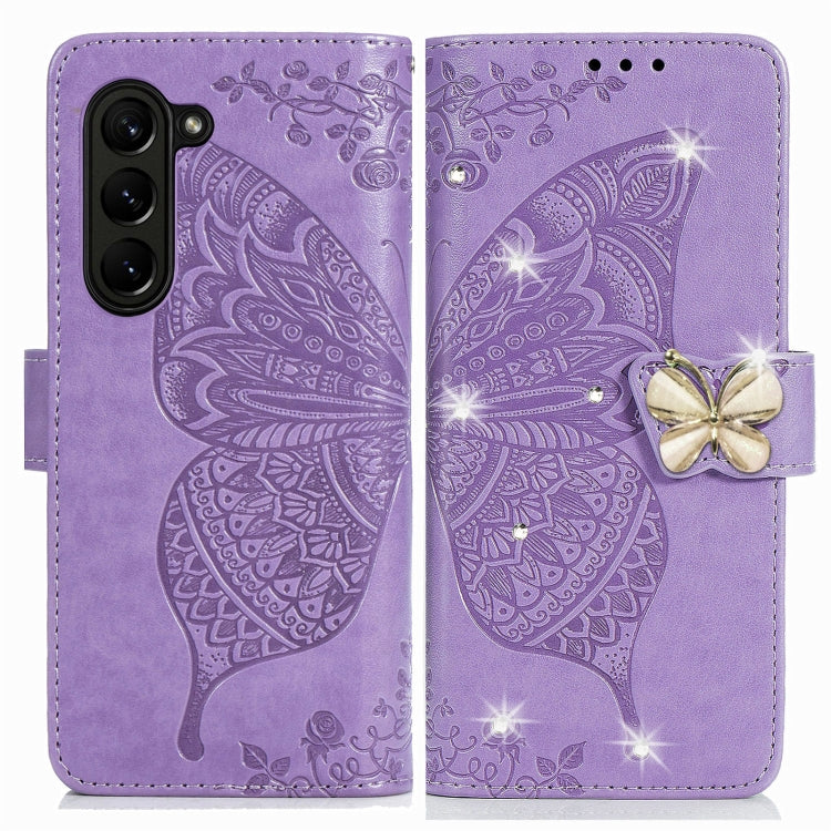 For  Samsung Galaxy Z Fold5  5G Rhinestones Butterfly Love Flower Embossed Leather Phone Case