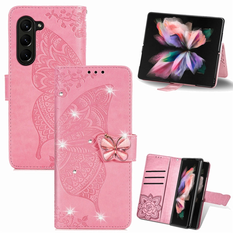 For  Samsung Galaxy Z Fold5  5G Rhinestones Butterfly Love Flower Embossed Leather Phone Case